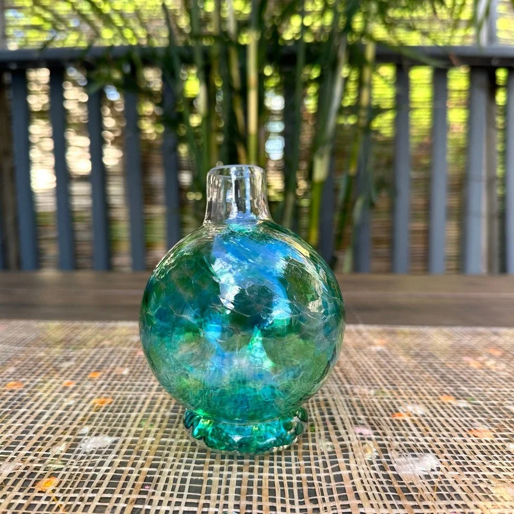 Handblown Glass Ball Flower Vase Green Blue Crackle Texture Round Bud Vase - Picture 2 of 8